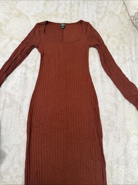 wild fable Ribbed Long Sleeve Scoop Neck Dress - Rust Brown